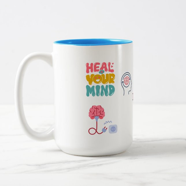 CANECA DE CAFÉ EM DOIS TONS CURE SEU ESPÍRITO COMBO AZUL BRANCO 450ML SORRISO  (Esquerda)