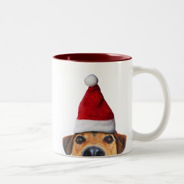 Caneca De Café Em Dois Tons Curioso Cachorro Engraçado com Papai Noel (Direita)