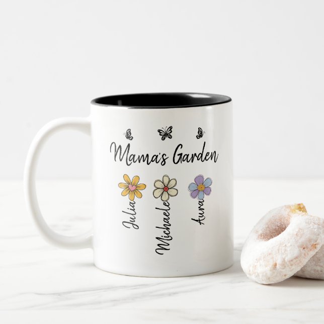 Caneca De Café Em Dois Tons Custom Birth Flower Mug Names, Mama's Garden Gift (Com Donut)
