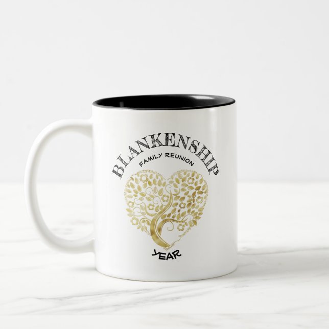 Caneca De Café Em Dois Tons Custom Family Reunion Gold Heart Tree Keepsake (Esquerda)