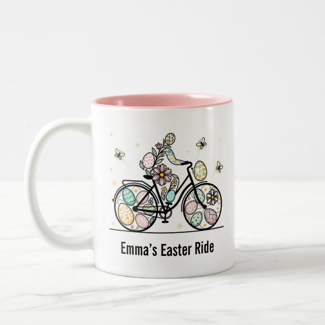 Caneca De Café Em Dois Tons Custom Name Easter Bicycle Design (Esquerda)