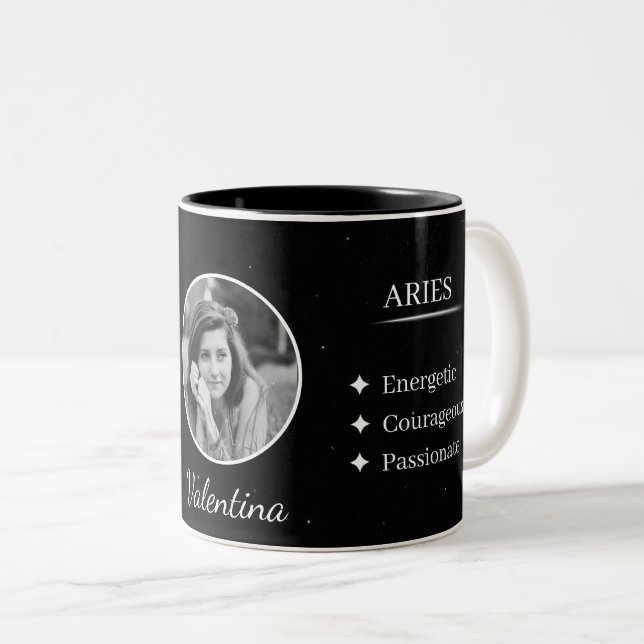 Caneca De Café Em Dois Tons Custom Photo & Name Aries Zodiac Traits Mug (Frente Esquerda)