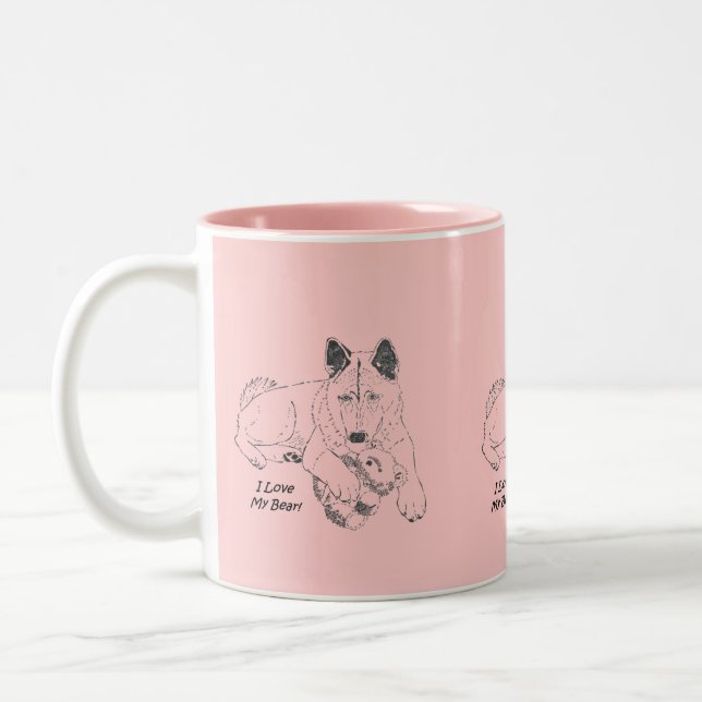 Caneca De Café Em Dois Tons Cute akita com a arte rosa de ursinho (Esquerda)