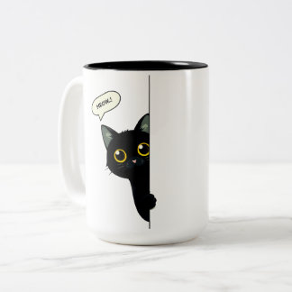 Caneca De Café Em Dois Tons Cute Black Cat Peeking Around the Corner | Funny