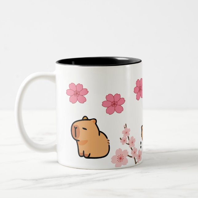Caneca De Café Em Dois Tons Cute Capybara e Cherry Blossom Mug | Adorável (Esquerda)