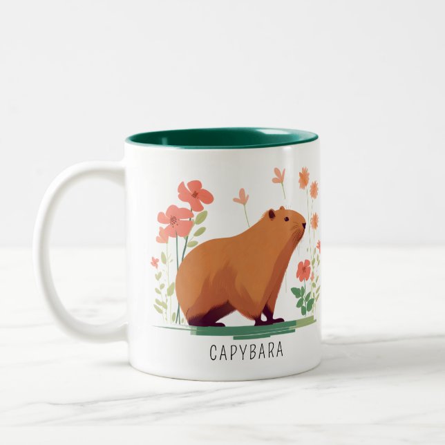 Caneca De Café Em Dois Tons Cute Capybara e Flores (Esquerda)