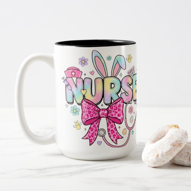Caneca De Café Em Dois Tons Cute Easter Nurse Pastel Bunny Ears Coquette Bow (Com Donut)