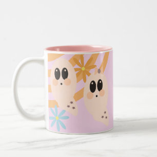 Caneca De Café Em Dois Tons Cute Fantasma Ghoul Retro Halloween Groovy Floral