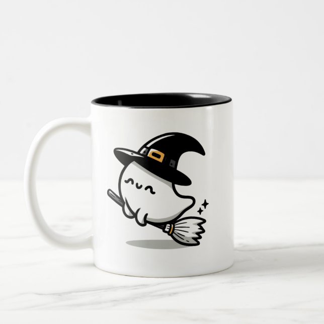 Caneca De Café Em Dois Tons Cute Ghost Witch with Pumpkin & Broom | Two-Sided  (Esquerda)