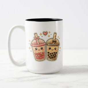 Caneca De Café Em Dois Tons Cute Kawaii Boba Chá de Leite Corações Casal do Di