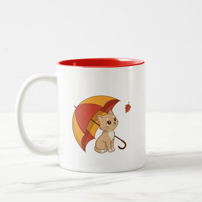 Caneca De Café Em Dois Tons Cute Kitten Cat Red Yellow Umbrella Fall (Esquerda)