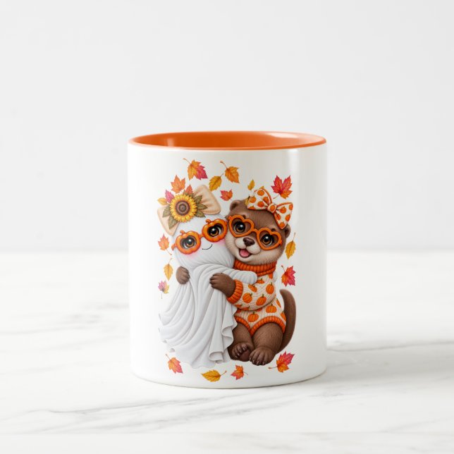 Caneca De Café Em Dois Tons Cute Otter Fantasma Halloween Outono  (Centro)