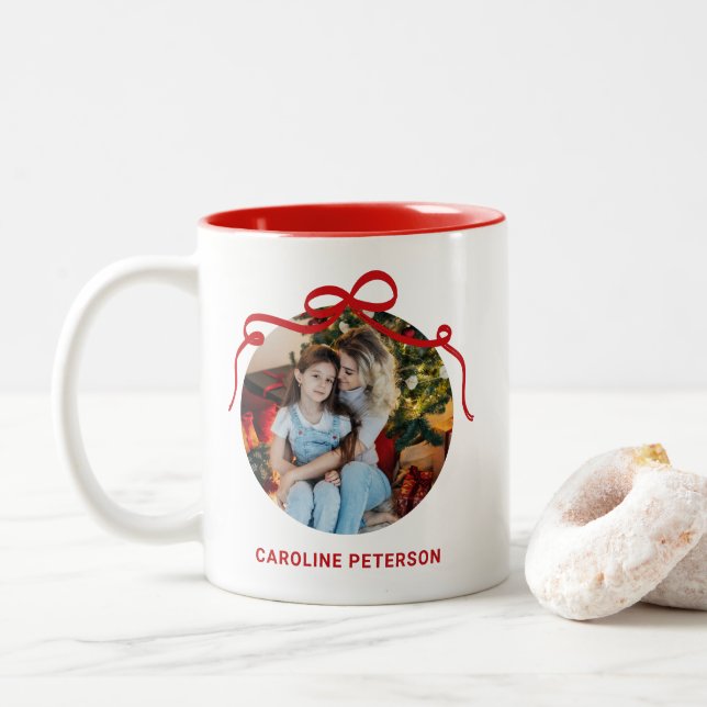 Caneca De Café Em Dois Tons Cute Red Coquette Bow Ribbon Custom Photo Gift (Com Donut)