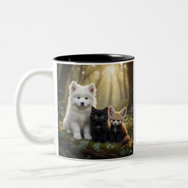 Caneca De Café Em Dois Tons  Cute Samoyed puppy and black kitten Mug (Esquerda)