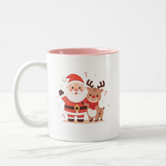 Caneca De Café Em Dois Tons Cute Santa & Reindeer Christmas Mug (Esquerda)
