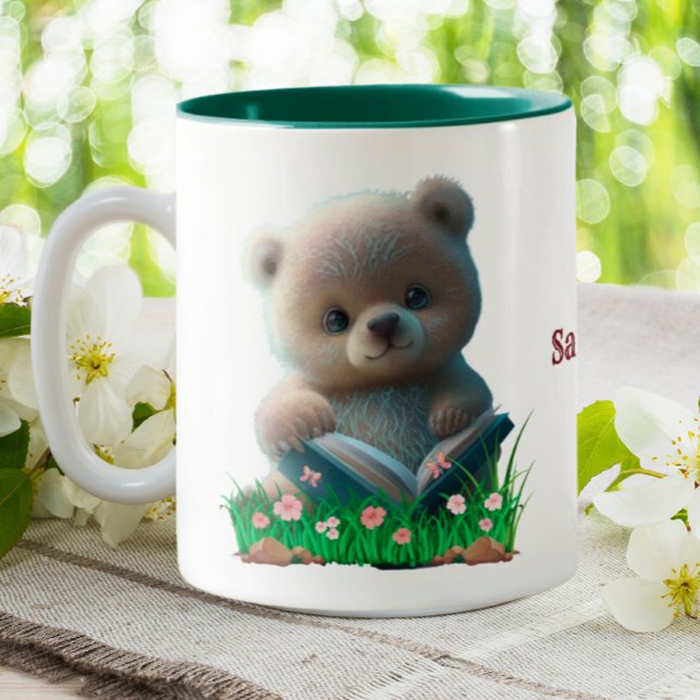 Caneca De Café Em Dois Tons Cute Teddy Bear lendo livro Personalizado (Criador carregado)