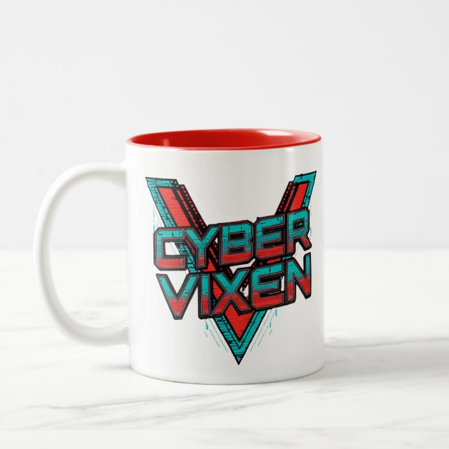 Caneca De Café Em Dois Tons Cyber Vixen - Gamer Girl - Red Teal Gaming Graphic (Esquerda)