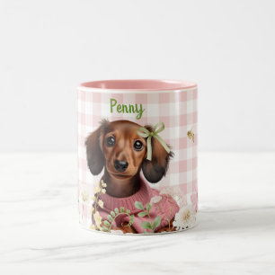 Caneca De Café Em Dois Tons Dachshund Personalizado Rosa e Verde