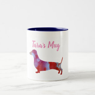 Caneca De Café Em Dois Tons Dachshund rosa Aquarela Nome Personalizado