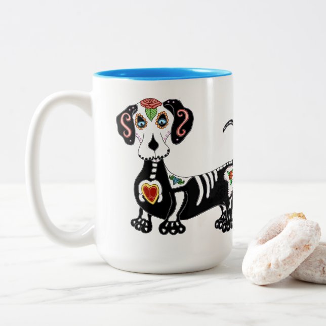 Caneca De Café Em Dois Tons Dachshund Sugar Skull (Com Donut)