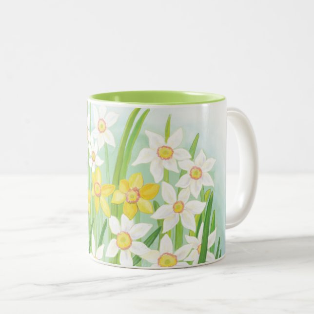 Caneca De Café Em Dois Tons Daffodils Amarelo e Branco na Primavera (Frente Esquerda)