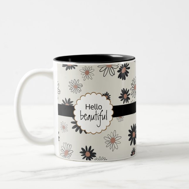 Caneca De Café Em Dois Tons Daisies Hello Belo Padrão Floral Cor-de-Rosa Preto (Esquerda)