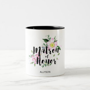 Caneca De Café Em Dois Tons Dama de Honra Rosa Floral Aquarela Casamento