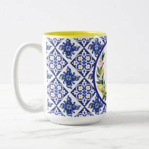 Caneca De Café Em Dois Tons Damas de Honra Limões Azulejos Italianos Azuis Chu