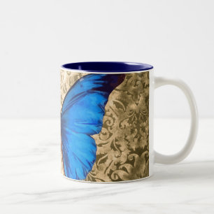 Caneca De Café Em Dois Tons Damasco de borboleta azul Monarca