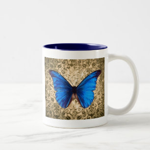Caneca De Café Em Dois Tons Damasco de borboleta azul Monarca