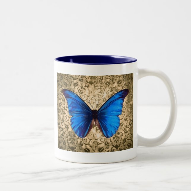 Caneca De Café Em Dois Tons Damasco de borboleta azul Monarca (Direita)