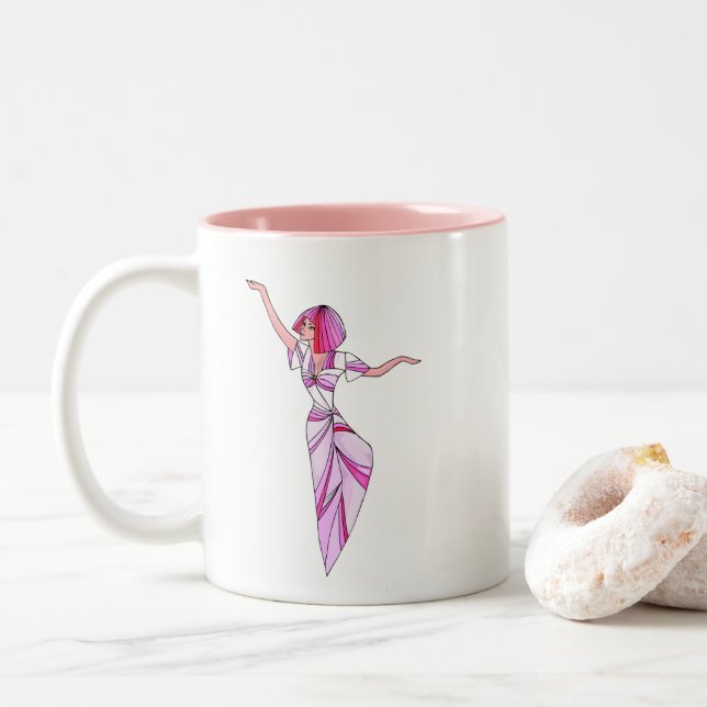 Caneca De Café Em Dois Tons Dançarina rosa-escura com cabelo rosa (Com Donut)