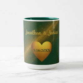 Caneca De Café Em Dois Tons Data de Casamento Verde e Dourado Elegante