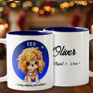 Caneca De Café Em Dois Tons Data do nome personalizado do Leo Zodiac