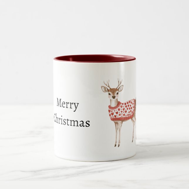 Caneca De Café Em Dois Tons Deer Red Hearts Christmas (Centro)