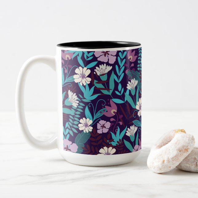 Caneca De Café Em Dois Tons Deluxe Teal & Burgundy Flower (Com Donut)