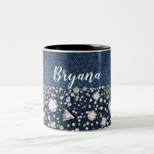 Caneca De Café Em Dois Tons Denim Azul e Diamantes Brilho Coração de Diamante