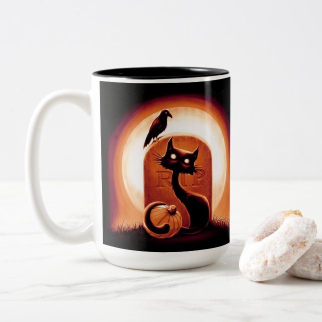 Caneca De Café Em Dois Tons Derpy Halloween Cat por Tombstone (Com Donut)