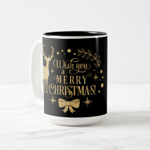 Caneca De Café Em Dois Tons Desejando um Feliz Natal /Tipografia/Dourado