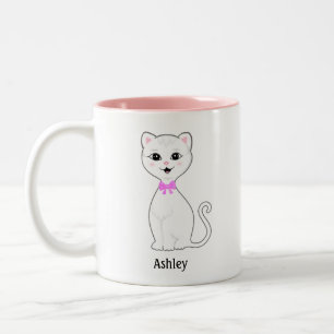 Caneca De Café Em Dois Tons Desenho Animado de Gato Branco Fofo Personalizado