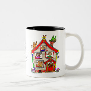 Caneca De Café Em Dois Tons Desenho animado de pessoas e casa