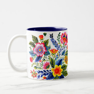Caneca De Café Em Dois Tons Desenho de bordado de fio falso de flores brilhant