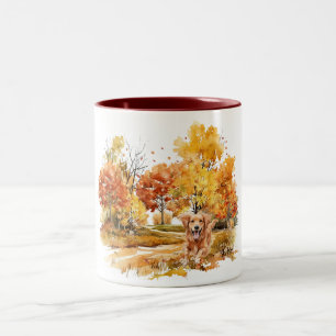 Caneca De Café Em Dois Tons Desenho de Cachorro Outonal em Aquarela - Retrieve