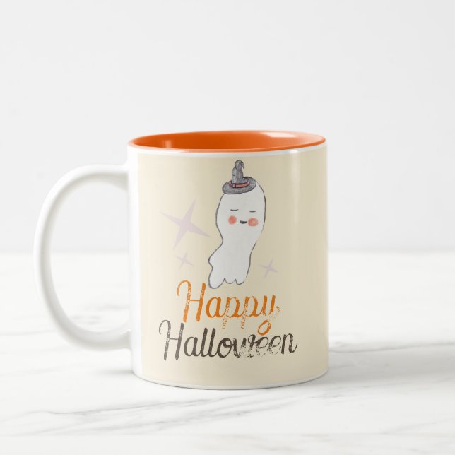 Caneca De Café Em Dois Tons Desenho de Halloween com Doodle Fantasma Retro (Esquerda)