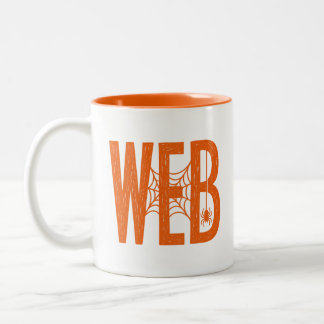 Caneca De Café Em Dois Tons Desenho de Linocut do Aranha da Teia de Halloween