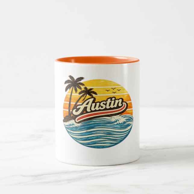 Caneca De Café Em Dois Tons Desenho de Nome Austin Retro Pôr do Sol (Centro)