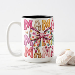 Caneca De Café Em Dois Tons Desenho Empilhado Retro Coração Laço Mama