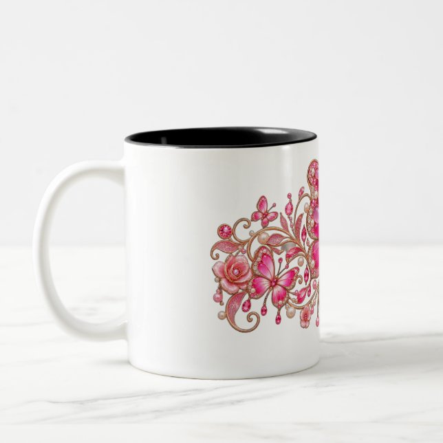 Caneca De Café Em Dois Tons Desenho Floral de Borboleta Rosa (Esquerda)