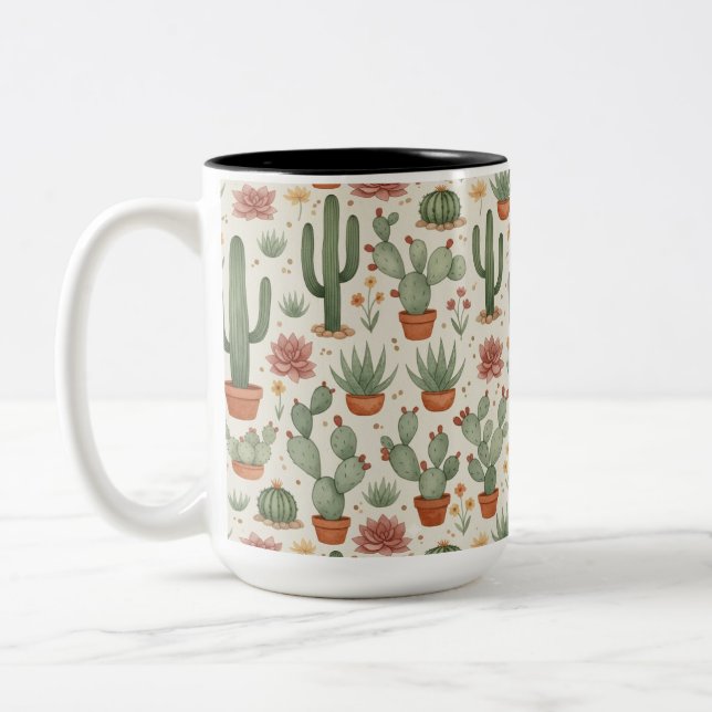 Caneca De Café Em Dois Tons Desert Cacti Succulent Seamless Pattern (Esquerda)