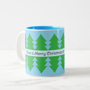 Caneca De Café Em Dois Tons Design Azul de Árvore Simples, Feliz Natal